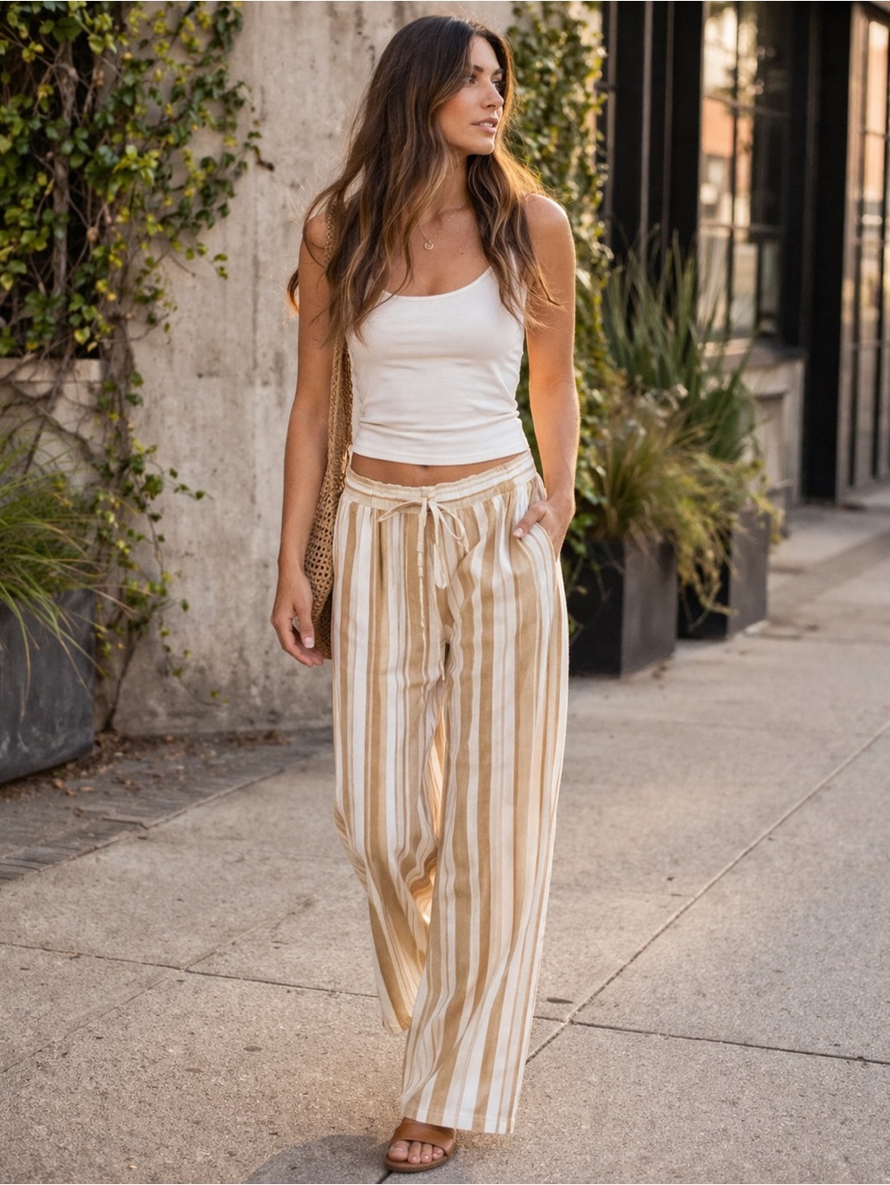 Rewind Striped Linen Blend Wide Leg Pants – Coastal Summer Vibe – Size Large